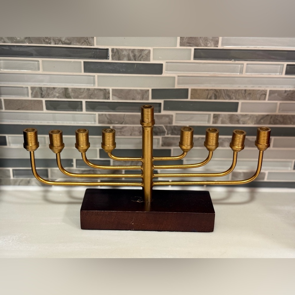 Vintage Brass Menorah on Wood Base MCM 9 Branch Hanukkah Candle Holder Judaica